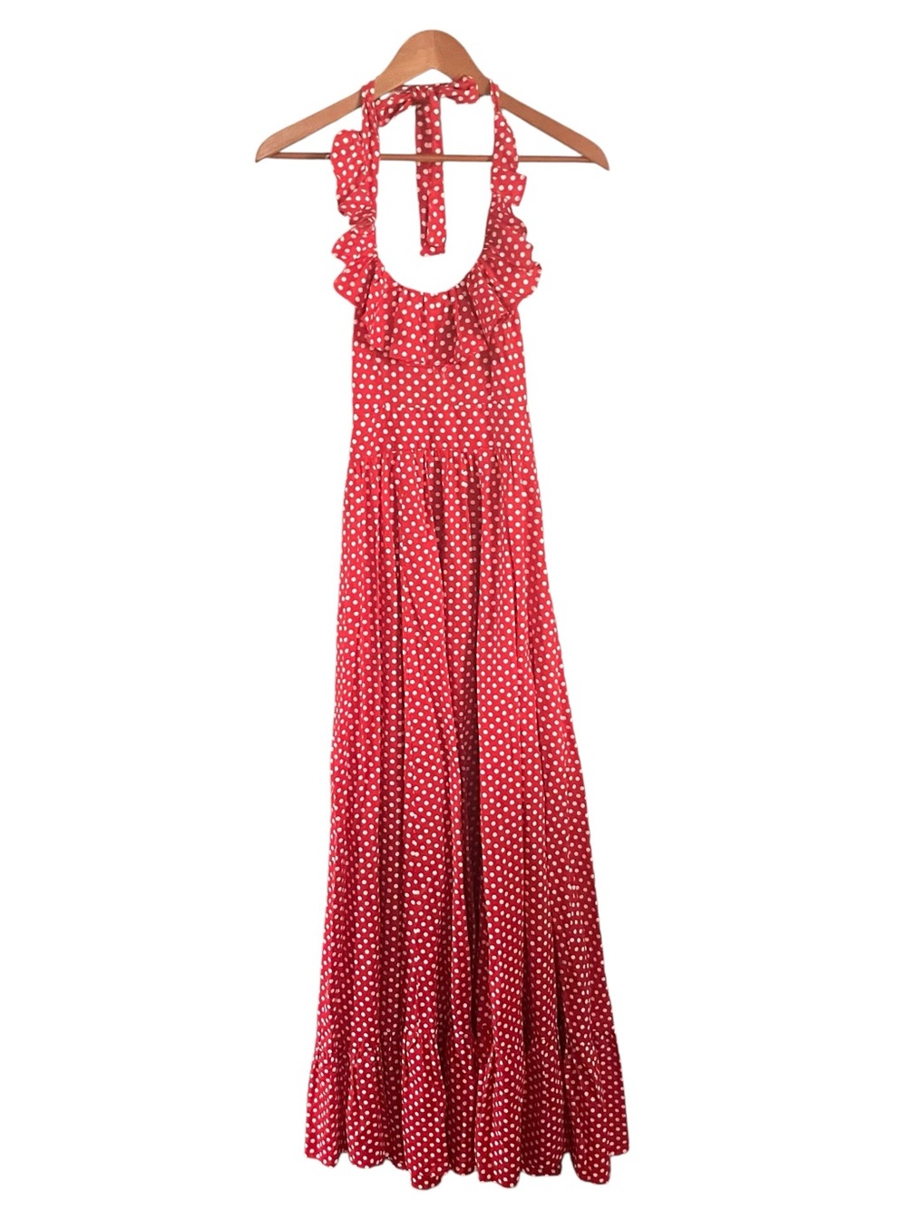 Vintage Climax David Howard Ruffle Neckline Halter Polka Dot Maxi Dress